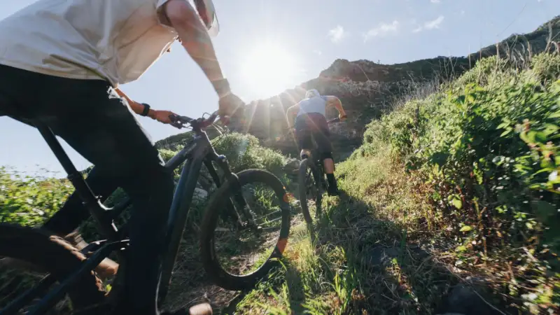 Ein JobRadler fährt gegen die Sonne mit dem Montainbike von Specialized den Berg hoch.