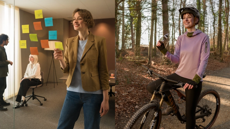 Frau brainstormed mit Post-Its und fährt auch Mountain-Bike im Wald.