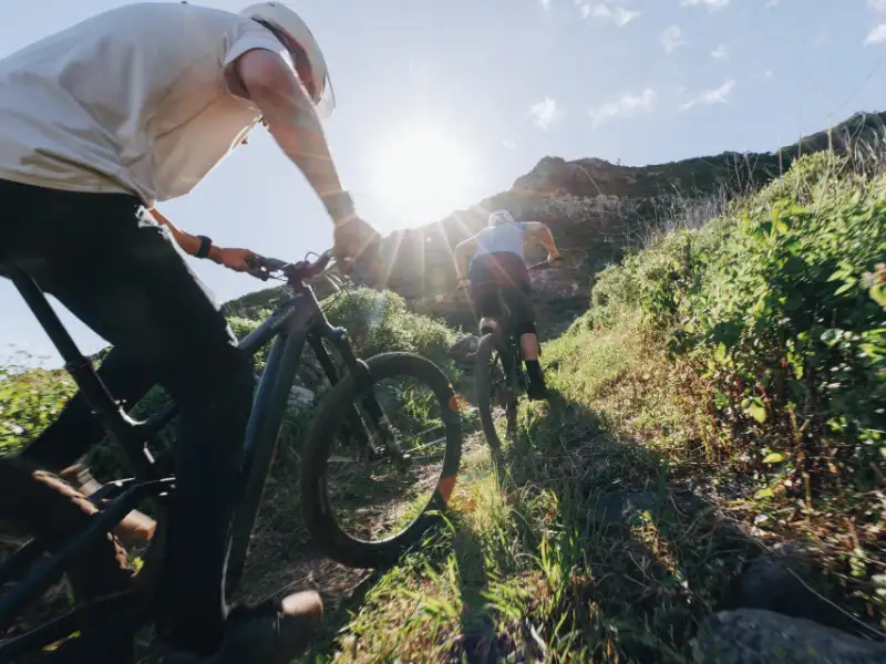 Ein JobRadler fährt gegen die Sonne mit dem Montainbike von Specialized den Berg hoch.