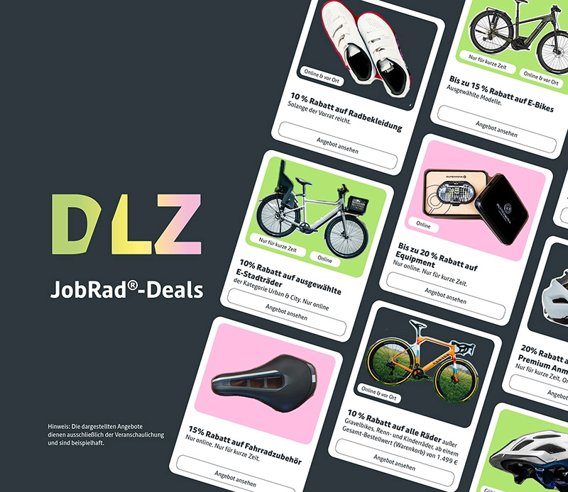 eine Frau deutet und blickt auf Labels mit der Beschriftung: JobRad Deals - Exklusive Angebote rund ums Bike - nur im JobRad-Portal