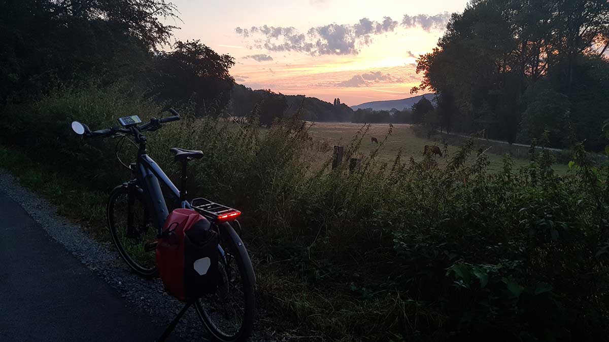 JobRad Moment von Frank: Fahrrad im Morgengrauen auf Feldweg neben hoher Wiese