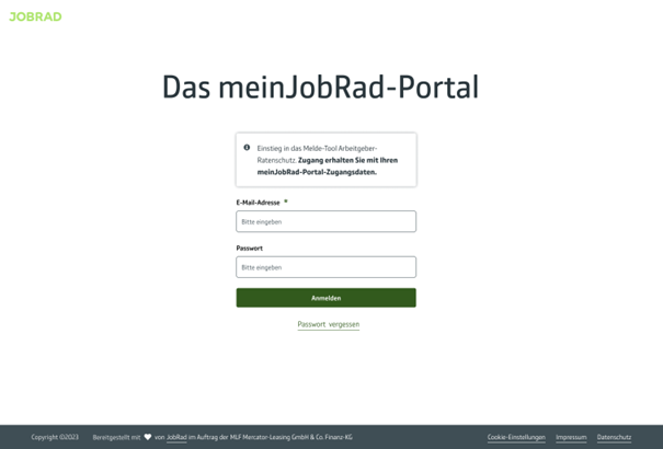 Screenshot Zugang mein JobRad-Portal Meldetool Arbeitgeber-Ratenschutz